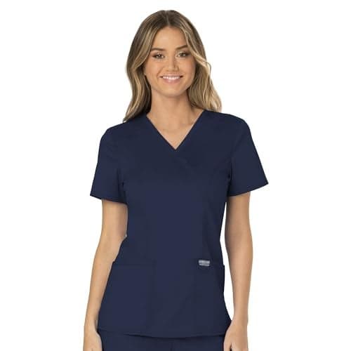 Cherokee Scrubs Top for Women Mock Wrap with 3 Pockets, Soft, 2-Way Stretch & Durable Fabric - WW610, XS, Navy