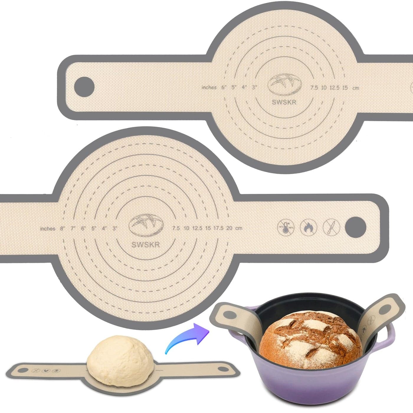 SWSKR Silicone Bread Sling for Dutch Oven 2 Pcs NonStick no objectional odor Bread Baking Mat Set antislip Reusable Bread Sling with Long Handle to Transfer Sourdough large Gray