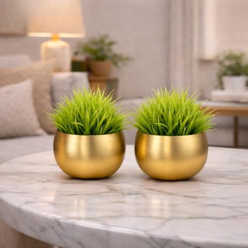 Akaar Decor's Metal Moon Design Vase with Golden Finish with Artificial Hydrangea Flowers | Plants | Table Decorative Flower Pot | Vase with Flowers (AK_Metal_Pot_Fern_2)