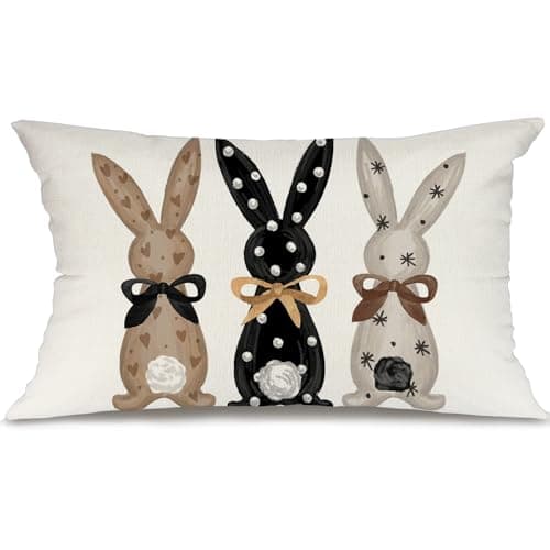 GEEORY Easter Pillow Cover 12x20 Inch - Bunnies with Bowknot Decor, Farmhouse Brown Pillow Case for Home Sofa Couch
