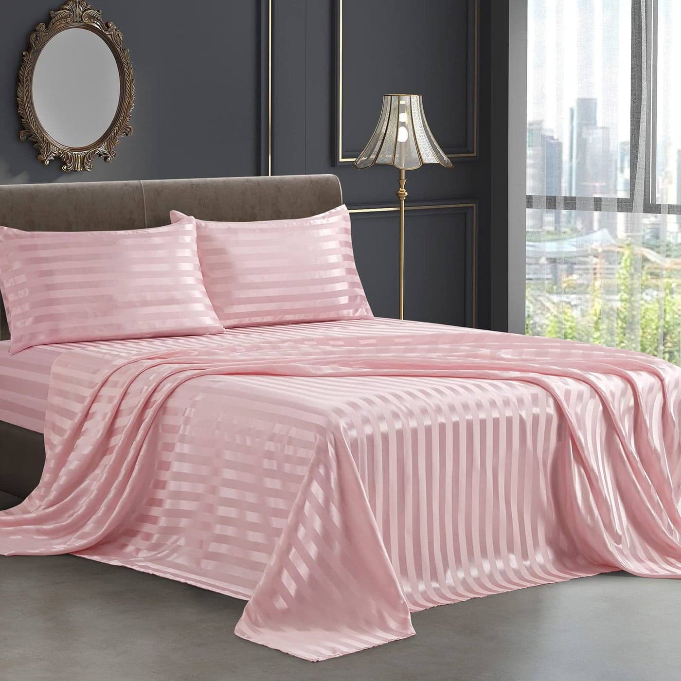 SiinvdaBZX 4Pcs Satin Sheets Stripe Printed Sheets Italian Style Silky Soft Blush Pink Satin Full Bed Sheets with Deep Pocket 1 Fitted Sheet 1 Flat Sheet 2 Envelope Closure Pillowcases