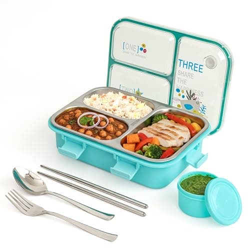 Brand Conquer Lunch Box Leak-Proof BPA Free Stainless Steel for School, Lunch Box for School & Office with a Fork, a Spoon and a Pair of Chopsticks (Classic Blue, Happiness 3 Compartment Lunch Box)