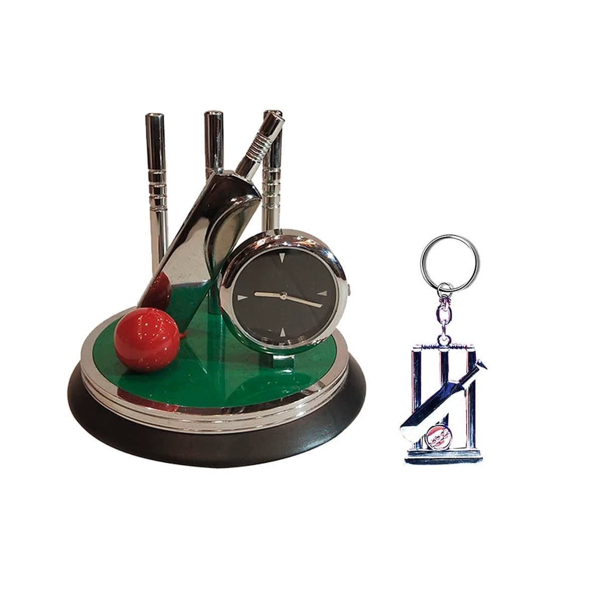 Saugat Traders Metal Analog Cricket Clock Showpiece And Cricket Keychain For Office Home Birthday Gift For Men Boys 10 Cm X 10 CmGreen