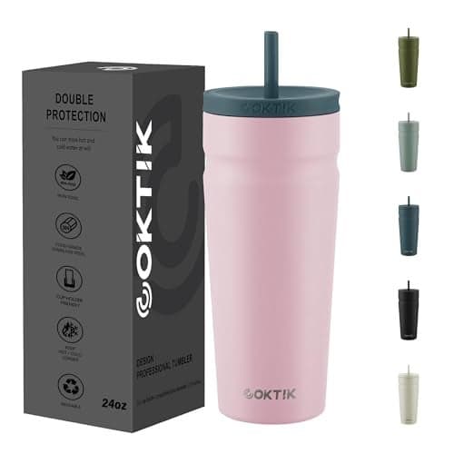 COKTIK 24oz Insulated Tumbler with Lid and Straw Iced Coffee Cup Reusable Stainless Steel Travel Mug Water Bottle Cupholder Friendly for Women Men Her Him (Blush)