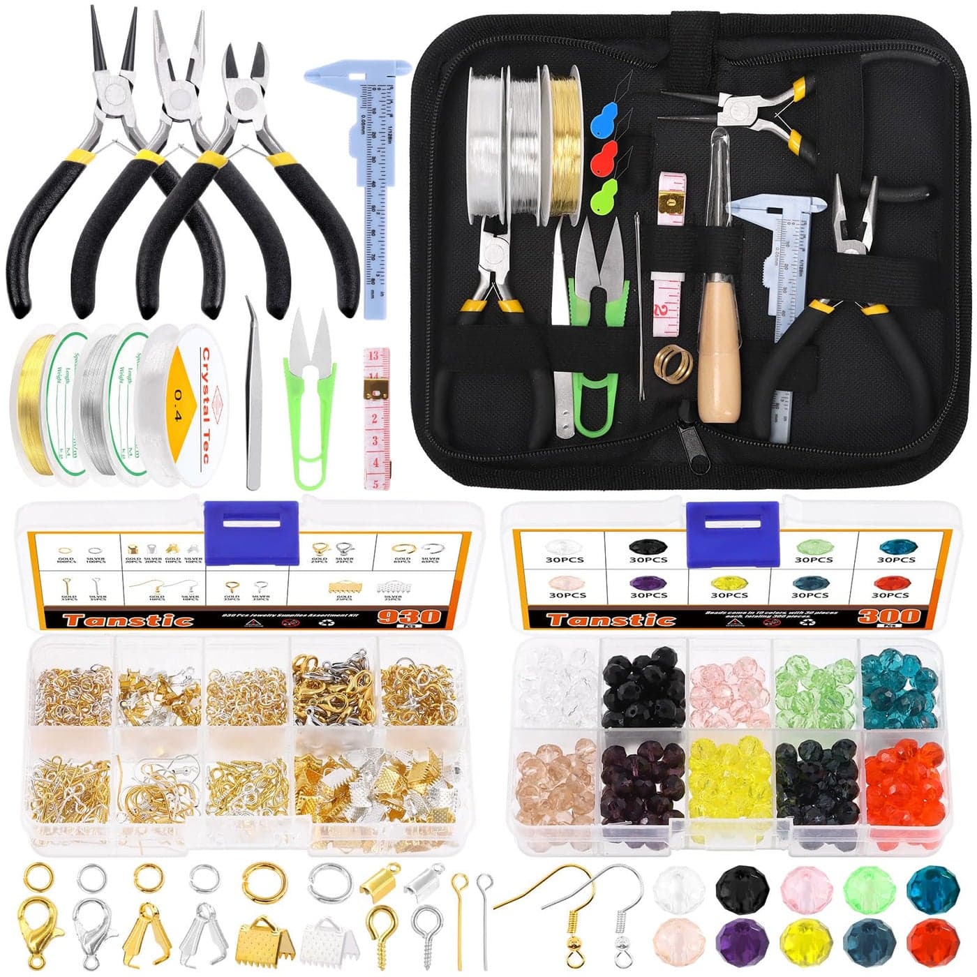 Tanstic 1251Pcs Jewelry Making Supplies Kit Jewelry Making Kit with Jewelry Pliers Jump Rings Jewelry Wires Flat Round Beads Jewelry Findings Supplies for Jewelry Making