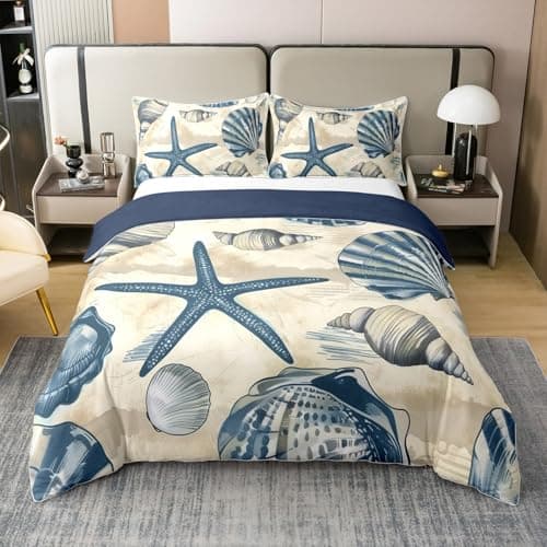 jejeloiu Kids Nautical Cotton Duvet Cover Set Queen Size Ocean Theme Seashell Bedding Set for Boys Girls Tropical Beach Duvet Cover Bedspread Cover Quilt Cover,No Stuffing