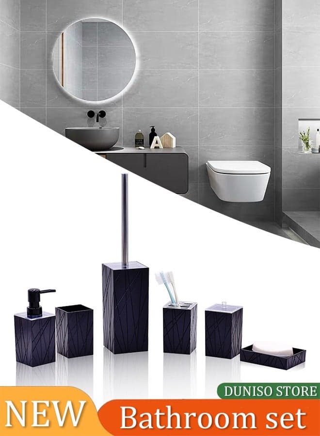 6 Pieces of Bathroom Accessories Set,Twill Square Plastic Gift Set,Bath Ensemble Includes Soap Dispenser, Toothbrush Holder & Cup, Soap Dish, Toilet Brush & Holder, Qtip Holder,Black