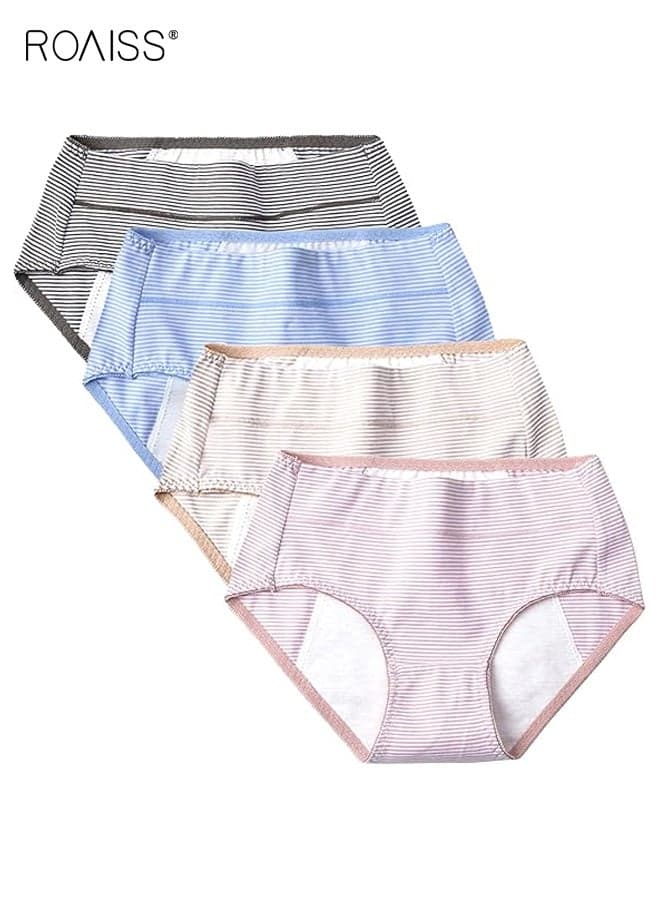 Women's 4 Pacs Physiological Underwear Lingerie Panties Women's Striped Mid-High Waist Menstrual Period Leak-Proof Antibacterial Breathable Cotton Crotch Sanitary Underwear Multi-color