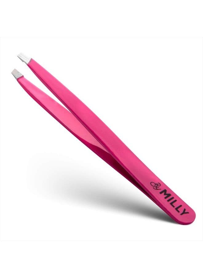 German Steel Professional Slanted Tweezers - Hammer Forged 100% Stainless Steel - Hand-Filed and Aligned Slant Tips for Precision - Pink