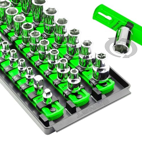 Ernst Manufacturing 8481 Socket Boss 3Rail MultiDrive Socket Holder Tray for Toolbox TwistLock Secures Sockets Green Clips for SAE Metric Socket Sets Made in USA