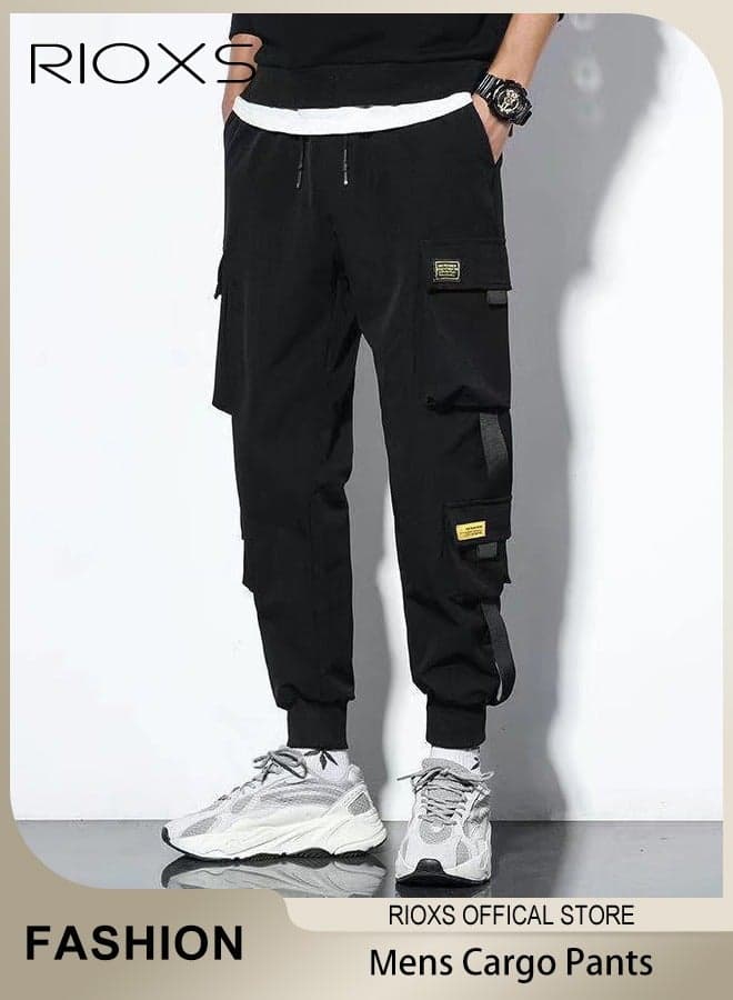 Men's Cargo Pants, Casual Loose Punk Baggy Pants with Multi Pockets, Ankle-Tied Drawstring Elastic Waist Joggers for Men, Lightweight Breathable Sweatpants Hip Hop Pants Workout Trousers for Daily/Streetwear Wear, Black
