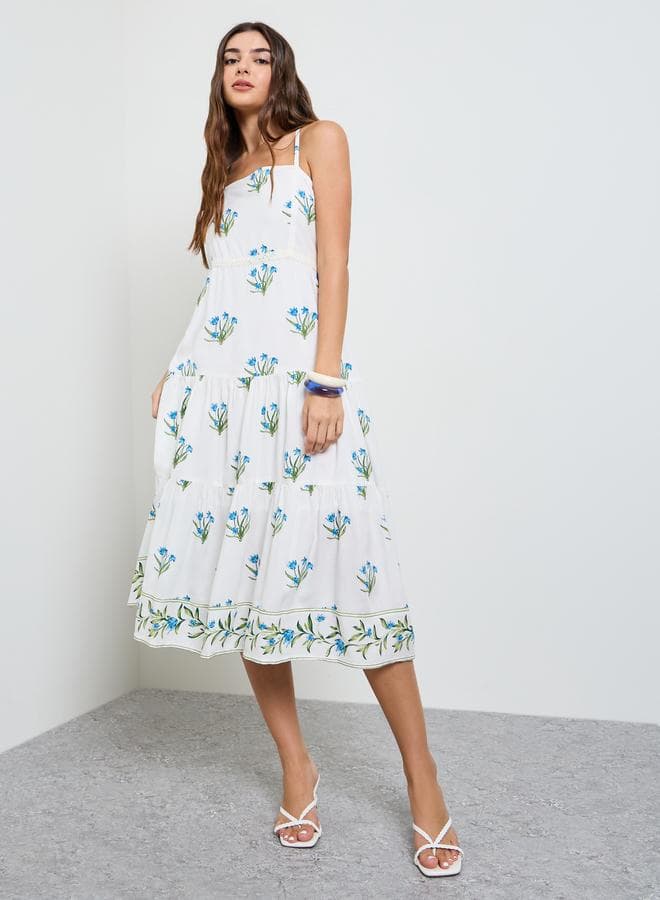 Cream Floral Strappy Tiered Midi Dress