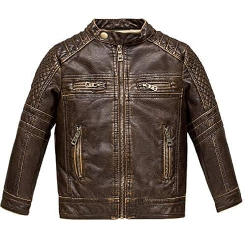 BUDERMMY Boys Motorcycle Jacket Faux Leather Jackets for Kids Coats for Costume Party Waterproof 34T Slightly Brown