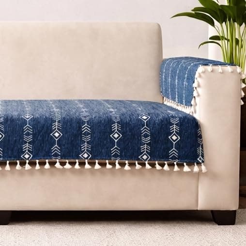 STITCHNEST Chenille Printed Sofa Cover 2 Seater with 2 Hand Rest Covers – Washable Blue Sofa Cover with Tassels – Durable Premium Fabric – Stylish Sofa Protector for Living Room & Furniture Decor