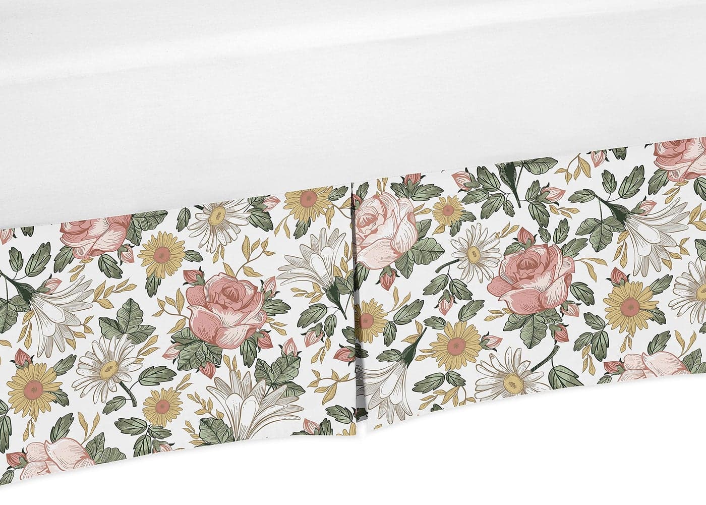 Sweet Jojo Designs Vintage Floral Boho Girl Pleated Baby Nursery Crib Bed Skirt Dust Ruffle Blush Pink Yellow Green and White Shabby Chic Rose Flower Farmhouse