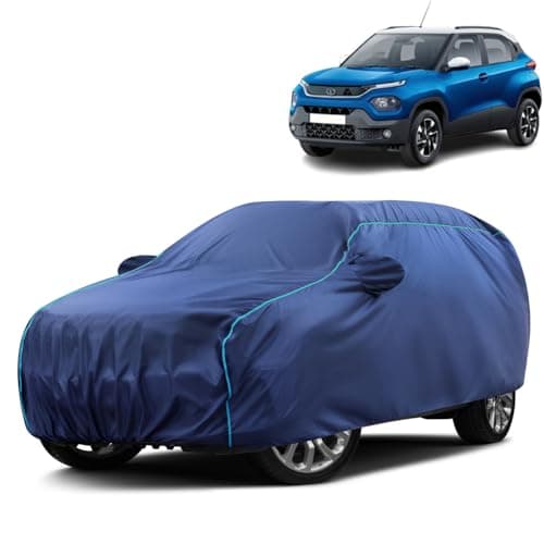 VOICO Water-Resistant Dustproof Car Cover for Tata Punch - Mirror Pocket, UV Protection, Scratch Guard, Buckle Belt, Front & Back Bottom Elastic with Aqua Blue Piping - Blue