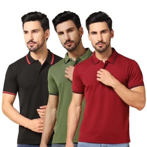 INKKR Men's Soild Collar Neck Half Sleeve Polo T-Shirt Combo (Black,Mehndi,Maroon-XXL)