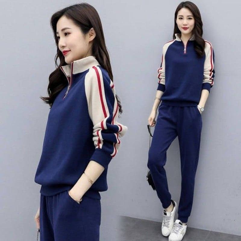 Warm Suit Casual Fashion Sportswear Loose Stand Collar Sweater Trousers Two-Piece Women'S Clothing Fleece-Lined Thickened