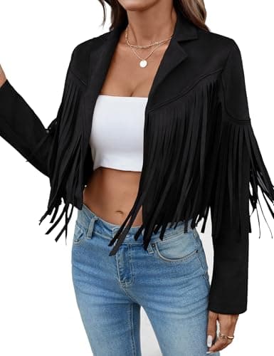 MATEAM Faux Suede Leather Jacket Women Tassel Motorcycle Fringe Cropped Coats With Lining 2026 Trendy Spring Long Sleeve Cowgirl 80s Outfits Black M
