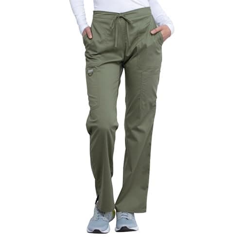 Cherokee Scrubs for Women Mid Rise Moderate Flare Drawstring Pant with 5 Pockets, Ultra Soft & Breathable Fabric - WW120, S, Olive