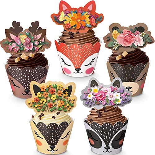 60 Woodland Cupcake Wrappers Toppers Deer Cupcake Liners Animal Wild One Birthday Party Decorations