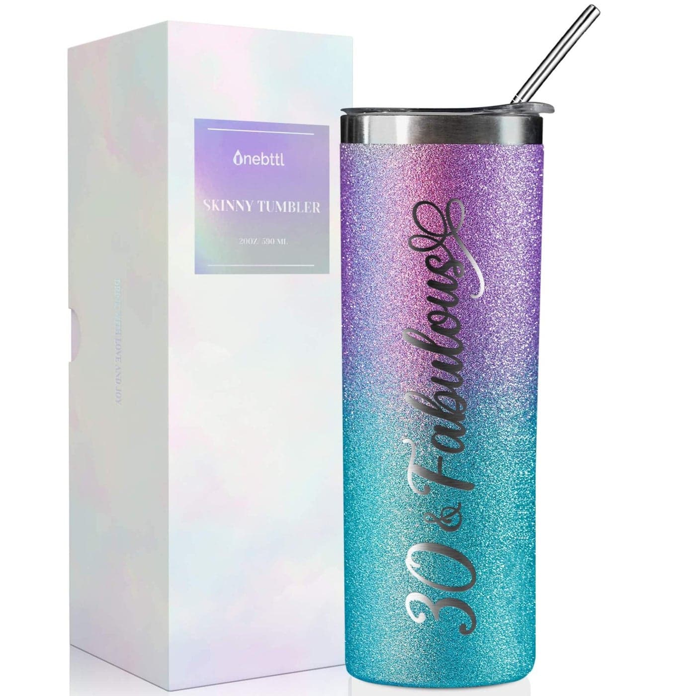 Onebttl 30th Birthday Gifts for Women Female Her 30 and Fabulous 20oz590ml Stainless Steel Insulated Glitter Tumbler with Straw Lid Message Card PurpleBlue Gradient