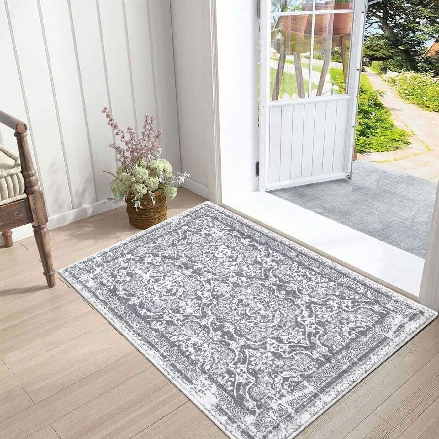Vaukki Hallway Runner Rug Vintage Shaggy Soft Laundry Rug Runner Non Slip Entryway Runner Mat Washable Farmhouse Kitchen Area Carpet for Bathroom Entryway and Bedroom 2 X 3 Grey