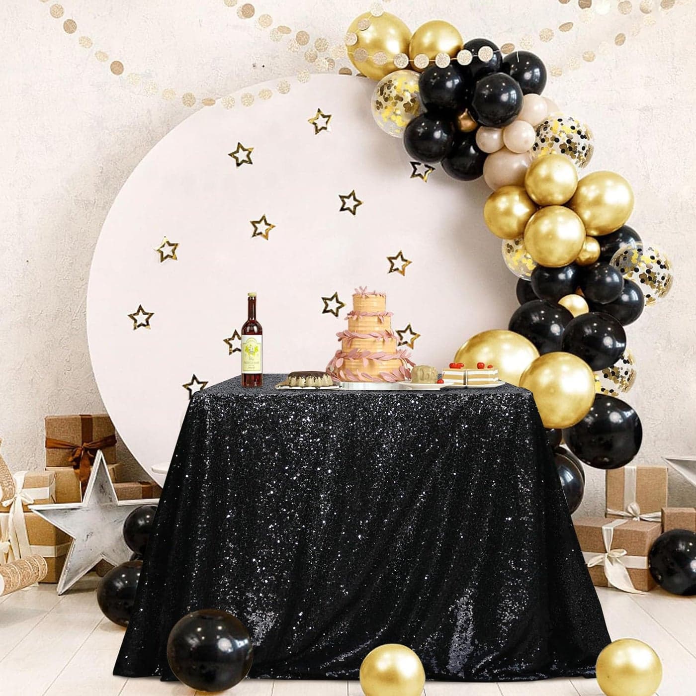 PartyDelight Sequin Tablecloth Black Rectangular 48x72 for Wedding Sweetheart Christmas Events