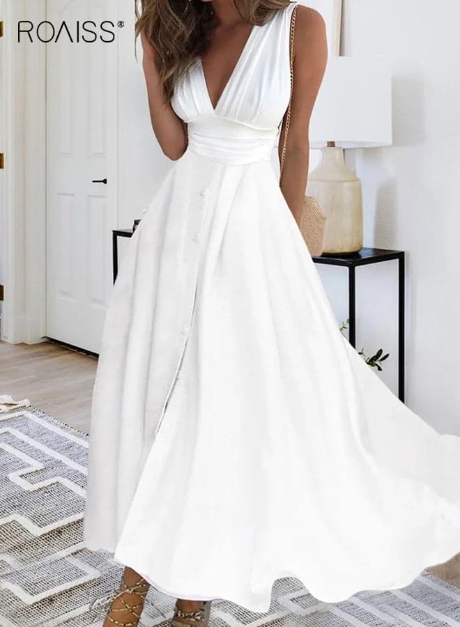 Women's Maxi Dress with Fitted Waist Design, V Neck Sleeveless Dress, Stylish Elegant Frock Evening Gown Dress for Ladies, Perfect for Daily Wear and Outdoor, White