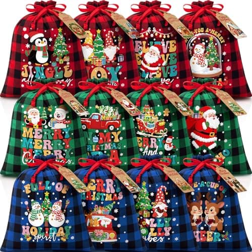 12 PCS Burlap Christmas Drawstring Gift Bags 10x12in Buffalo Plaid Xmas Gift Bags w Tags Cotton Fabric Goody Gift Treat Bags Xmas Sacks Medium Reusable Gift Wrapping Bags for Holiday Party Favors