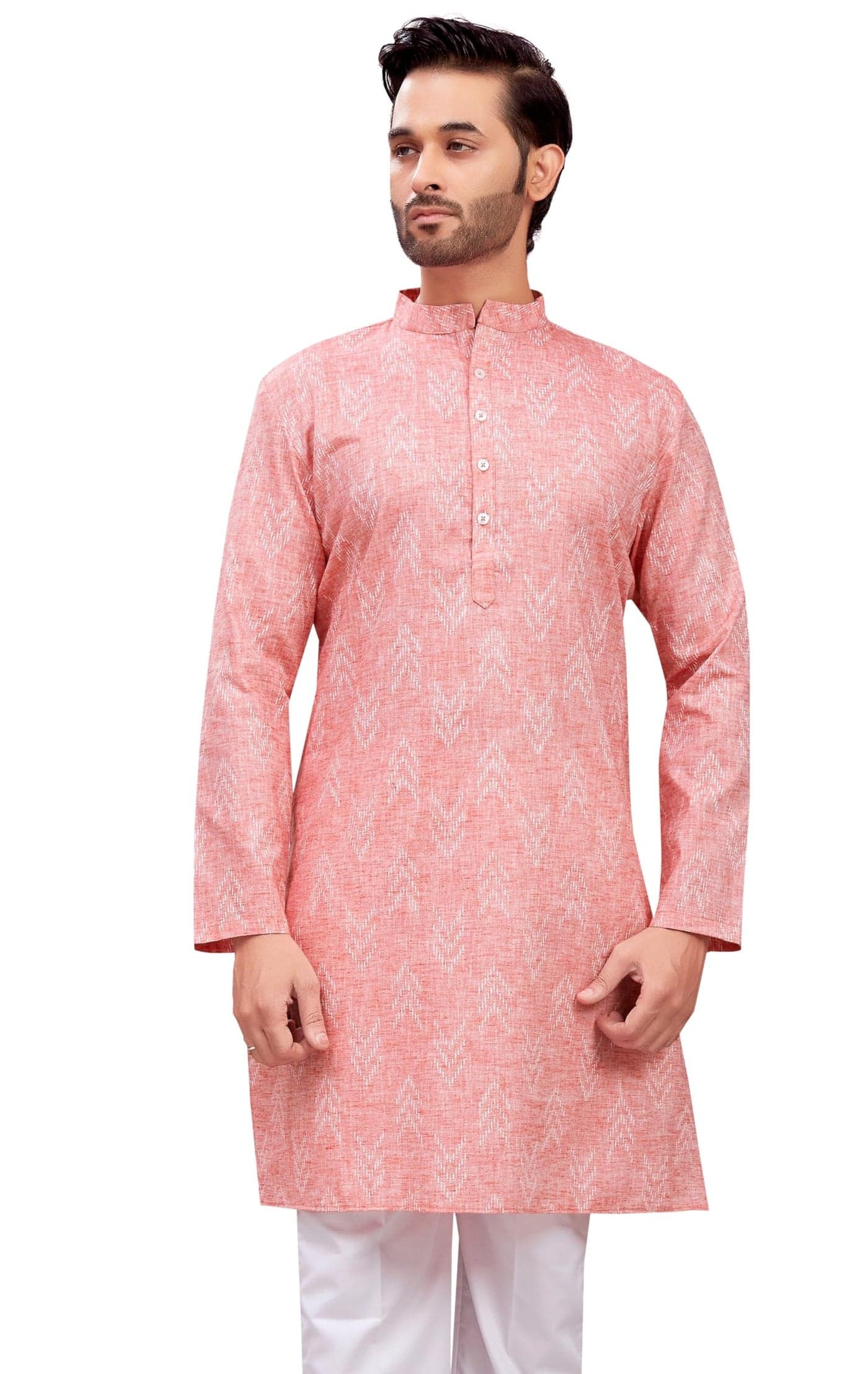 Studio Shringaar Men's Cotton Blend Relaxed Fit Ikat Printed Knee Length Kurta (Tomato, Medium)