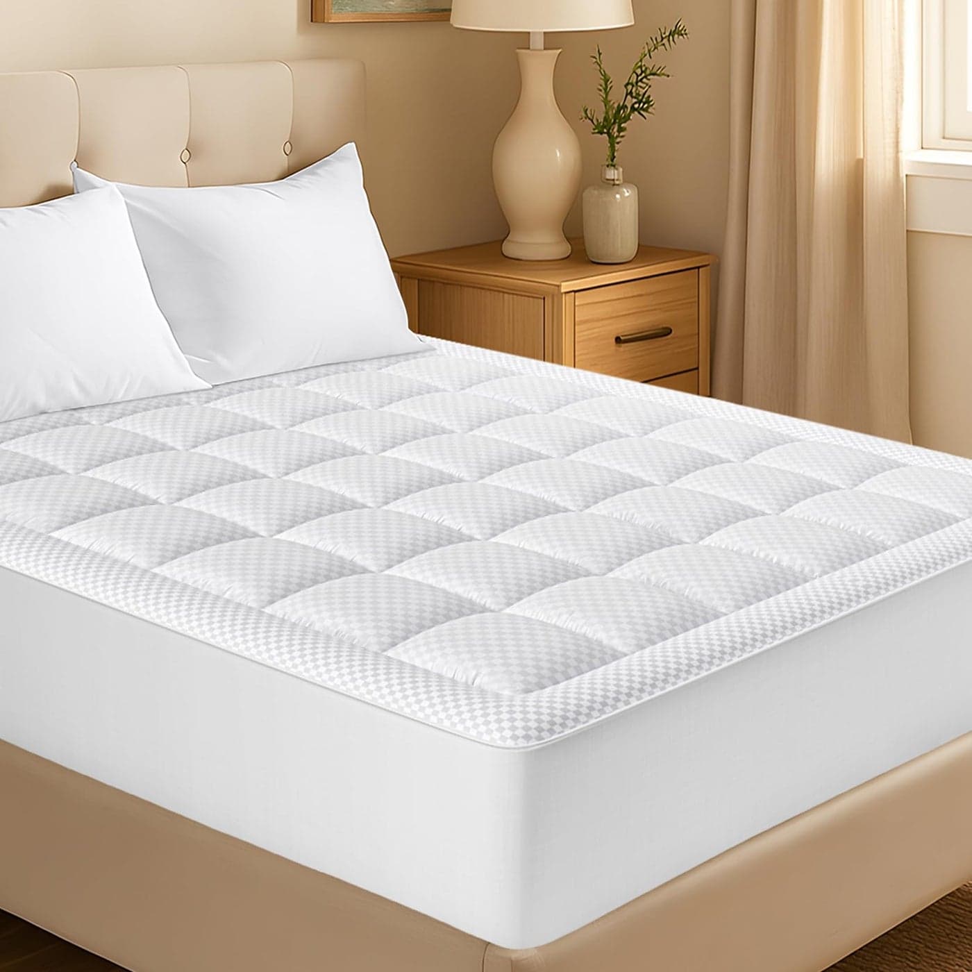 OLANLY King Quilted Fitted Mattress Pad Elastic Fitted Mattress Topper Cooling Soft Mattress Cover Stretches up to 21 Inches Deep Machine Washable Mattress Protector 78x80 inch White