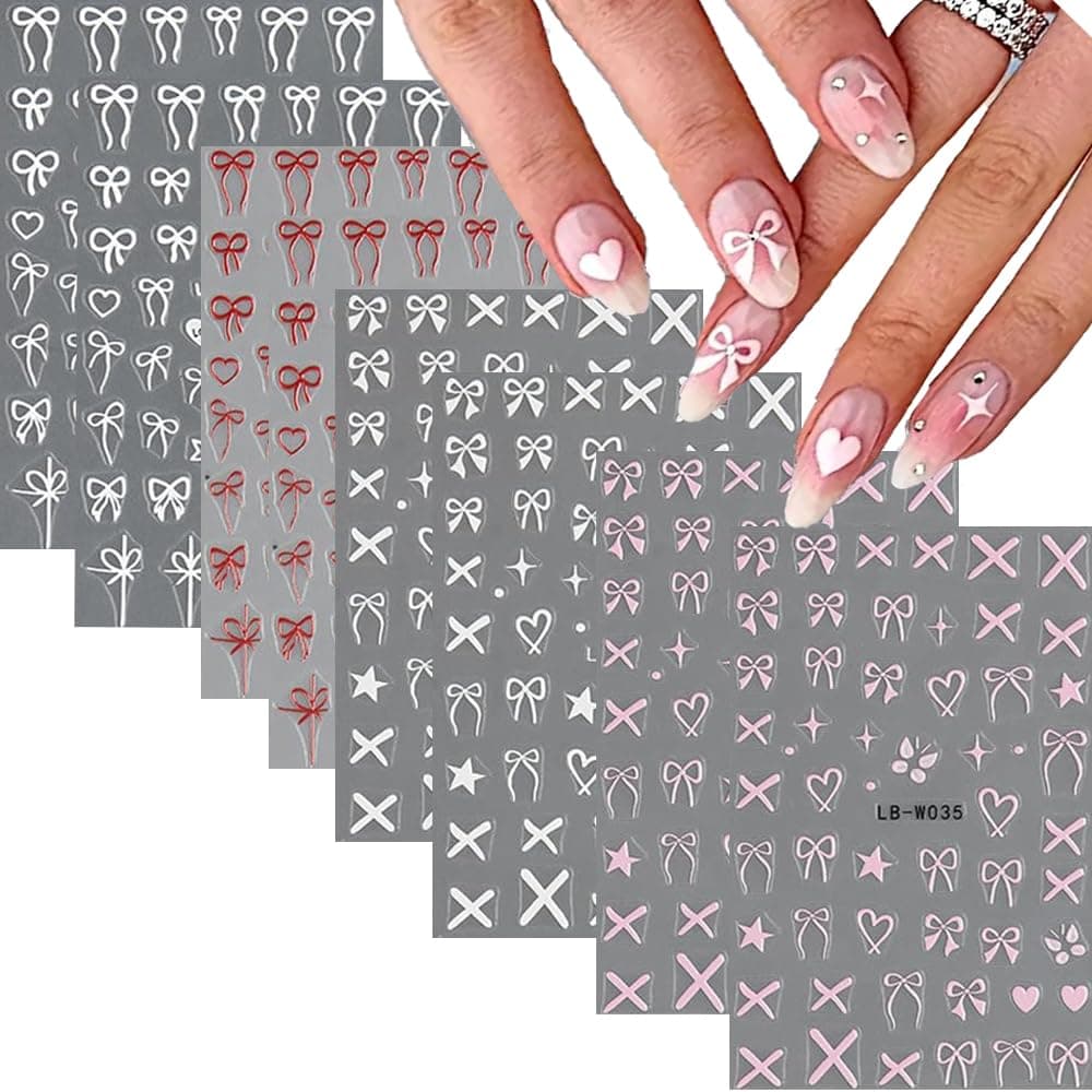 8Sheets Heart Bows Nail Art Stickers Decals White Red Pink Bow Tie Nail Design Stickers Bow Star Heart Nail Supplies Valentines Day Nail Stickers Bowknot Nail Decals for Women Girls Nails Decoration
