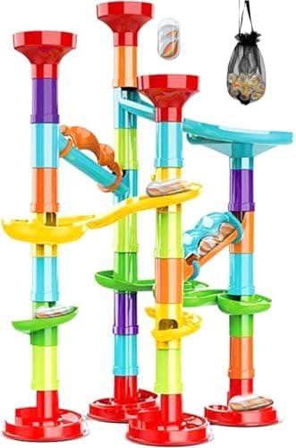 PLMMOUT 50Pcs Marble RunMarble Track Educational Learning ToyMarble Maze Construction Building Blocks with 30 Glass MarblesSmall Marble Runs Game for Girls Boys Birthday Gifts