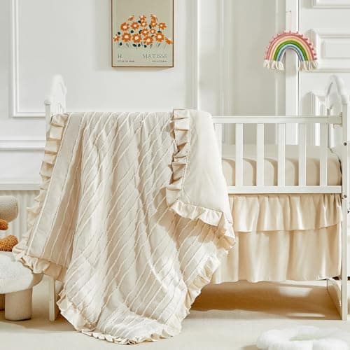 3 Pieces Tufted Stripes Crib Bedding Set with Ruffle Fringe Beige Ruffled Comforter with Fitted Sheet and Bed Skirt Soft and Embroidery Shabby Chic Boho Bohemian Jacquard Design for Baby Girls Boys