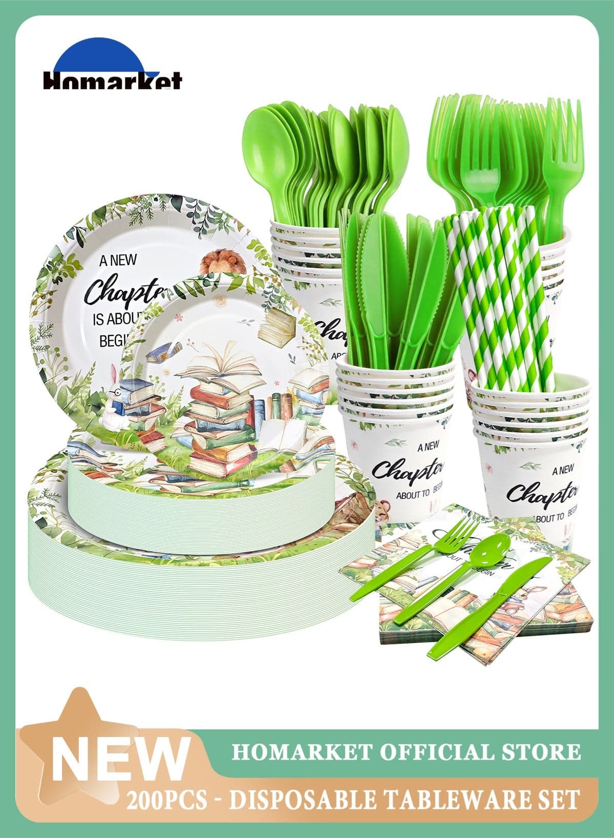 200 Pcs Disposable Paper Plates and Napkins,25 Guest Cute Cartoon Lion Design Party Supplies Dinnerware Set Include Scalloped Paper Plates Napkin Cup Straw Plastic Spoon Fork Knive for Party,Wedding,Birthday (Green)