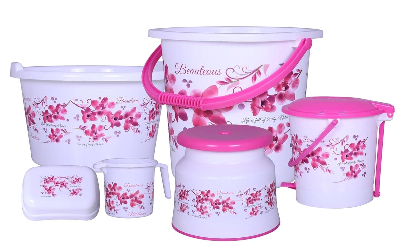 KBS Bathroom Set Plastic Bucket, Tub, Patla, Soap Case, Mug and Dustbin Standard Quality (Bucket-20 Litre, Tub-19 LTR, Dustbin-6.5 LTR, Round Patla, Mug-1100 Ml) (Set of 6)