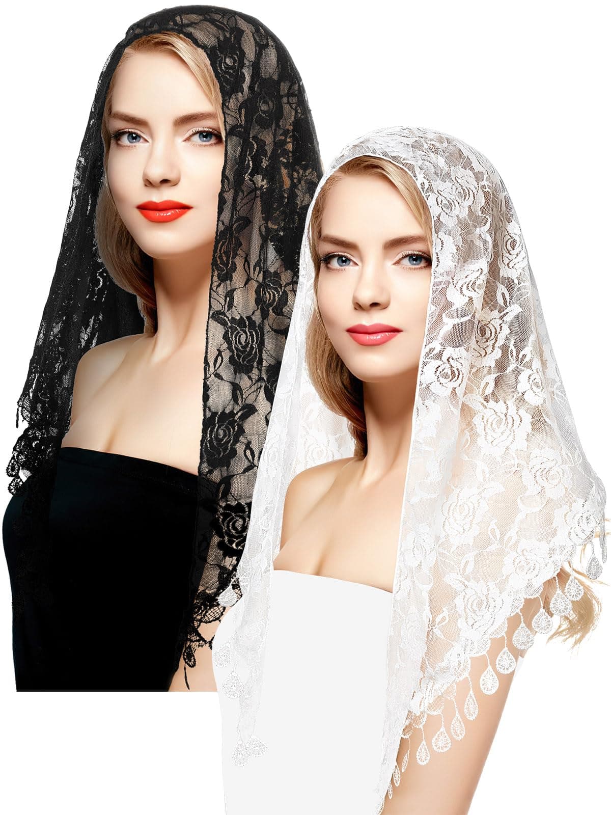 BOARDFEB 2 Pcs Mass Veil Triangle Mantilla Cathedral Head Covering Chapel Veil Lace Shawl Latin Scarf Latin Mass Head Covering Veils for Bridal Women