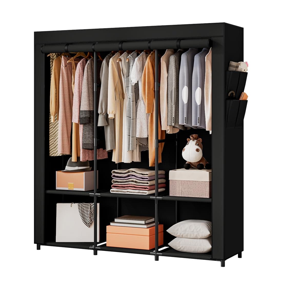 SORCEDAS Portable Closet Wardrobe Storage Organizer Metal Hanging Rack NonWoven Fabric 50 Inch Black