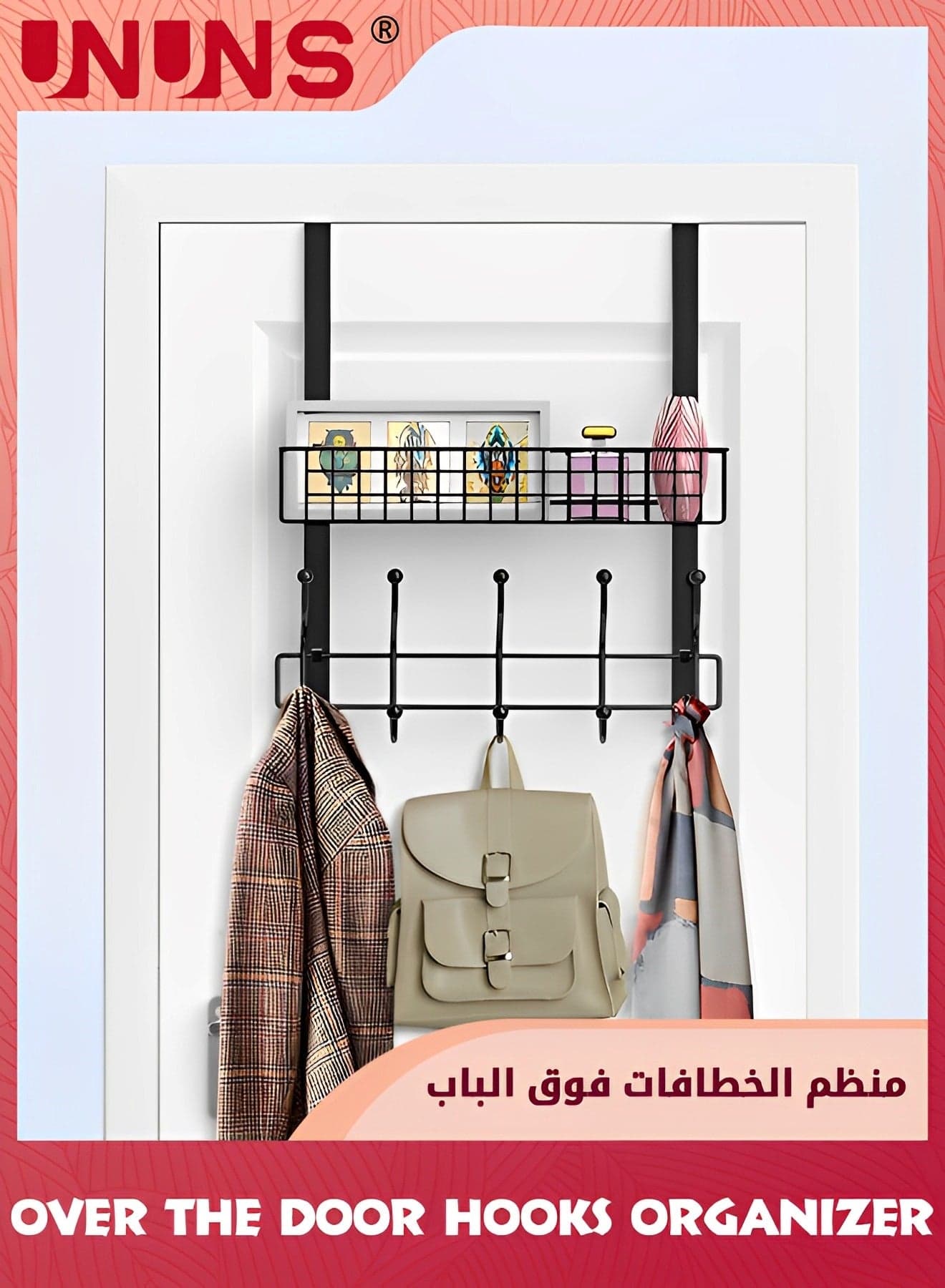 Over The Door Hanger Hooks,2-Tier Behind Door Towel Rack,Organizer Hanger With 5 Hooks And Basket For Barthroom, Bedroom Kitchen And Pantry,Back of Door Storage Shelf For Coat