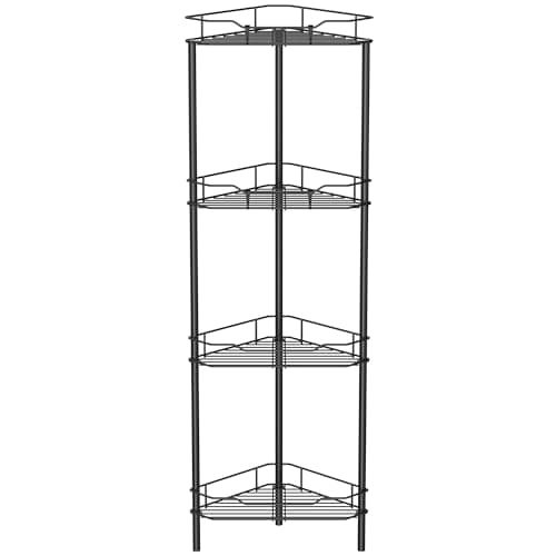 HuggieGems 4 Tier Floor Standing Corner Shower Caddy Organizer Shelf with Hooks, Bathroom Shelves Stand Rack, Black