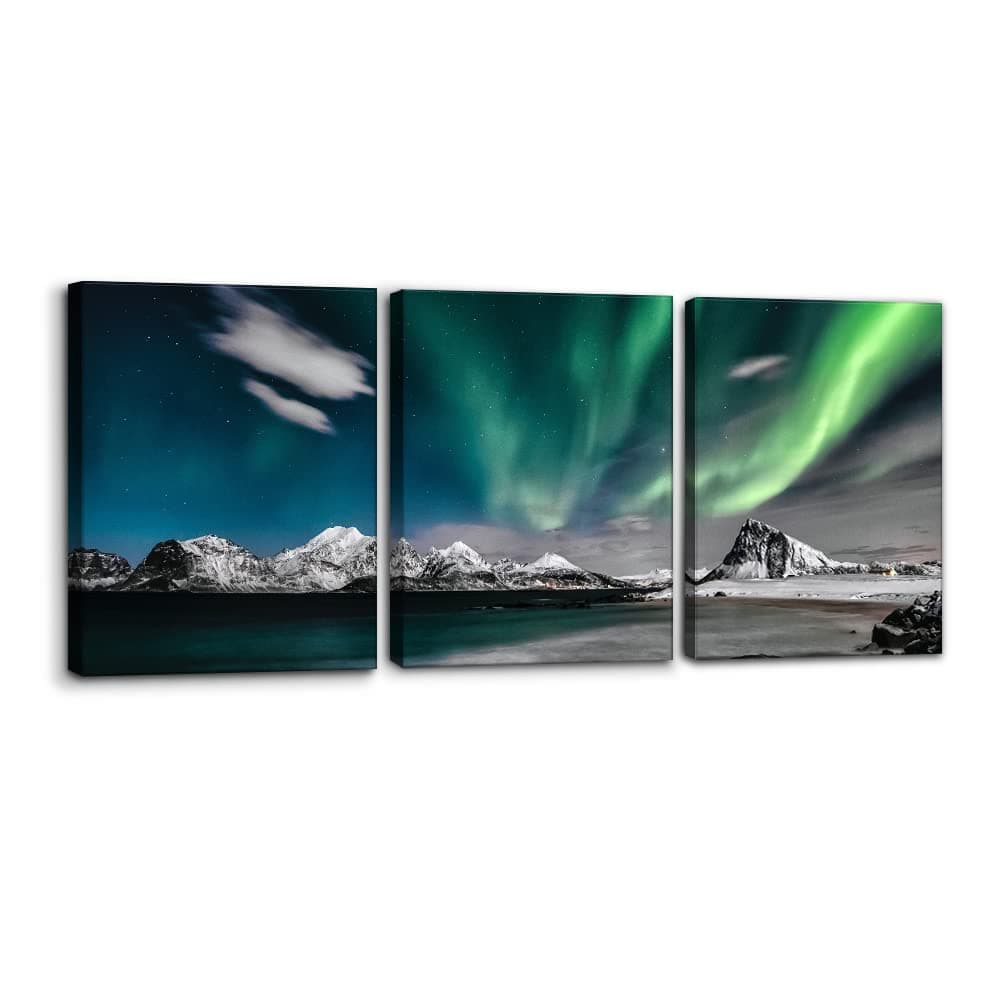 Pacimo Canvas Wall Art Aurora Scenery Painting on Canvas for Living Room Decoration Natural Landscape Canvas Paintings 3 Piece Bedroom Home Office Decor Stretched Framed Ready to Hang 12 x 16 x 3