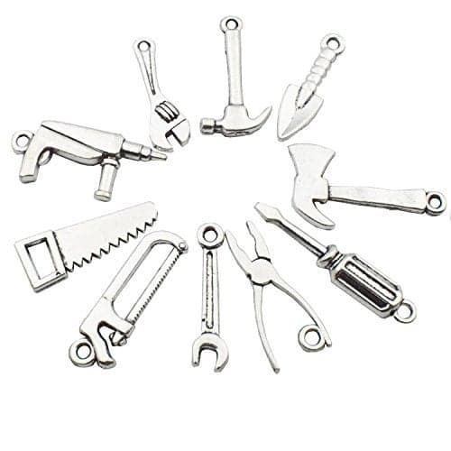 50pcs Antique Silver Tone 10 Kinds Mix 3D Tool Charm Collection - Hammer, Wrench, Saw, Pliers, Tape, Screwdriver, Construction Charm Set (M028)