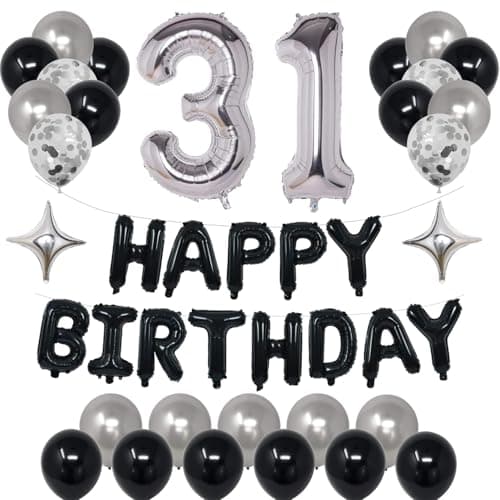 NANINUNENO 31st Black Silver Birthday Party Decorations for Men Women Happy 31 Birthday Party Supplies with Black Happy Birthday Banner31 Number Balloons Silver Foil Stars Happy Birthday Balloons for 31st Birthday