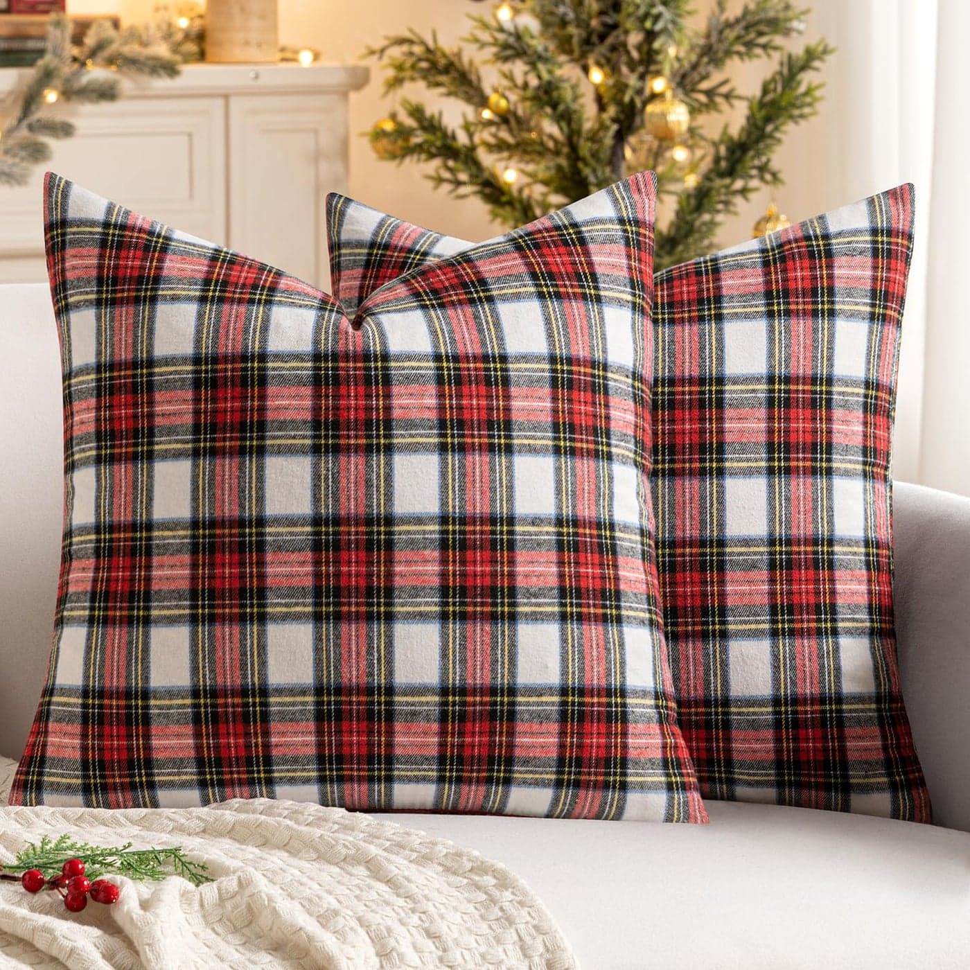 MIULEE Christmas Set of 2 Scottish Tartan Plaid Throw Pillow Covers Farmhouse Classic Decorative Outdoor Square Cushion Cases for Home Decor Sofa Couch 16x16 Inch Red and White