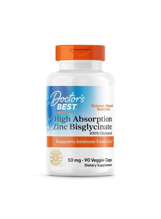 Doctor's Best High Absorption Zinc Bisglycinate 50mg High Potency Supporting Enhancing Immune System Antioxidant VC, 90 Count