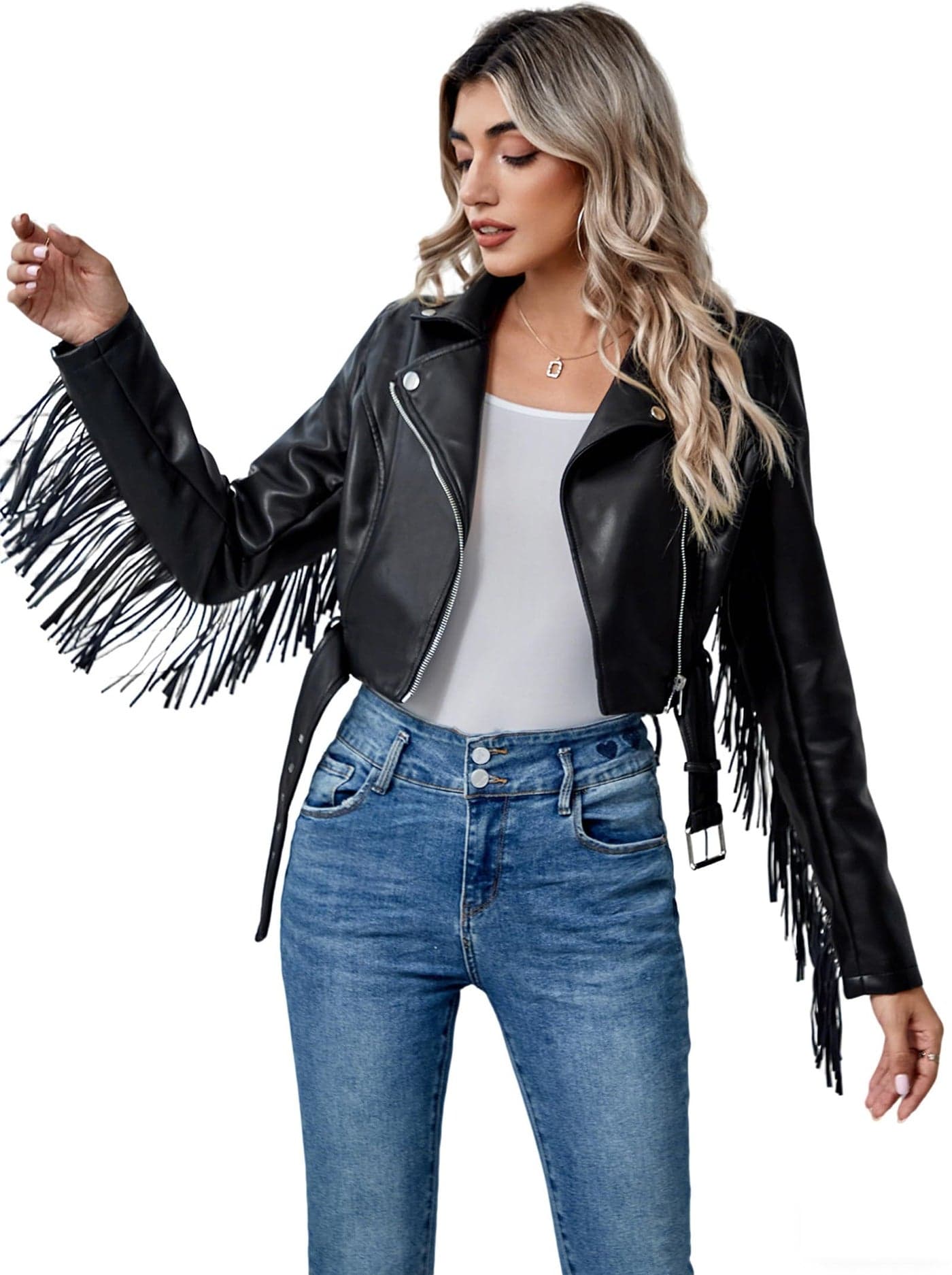 XULIKU Women Faux Leather Jacket, Fall Spring Lapel Short Cropped Vegan Zipper Up Fringe Tassel Trim Pleather Coat with Belt,Pocketless,Black,M