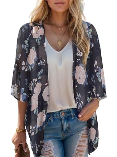 Moss Rose Women's Beach Kimono Coverup Sheer Chiffon Cover Ups, Casual Loose Open Front Cardigan Tops Floral Print