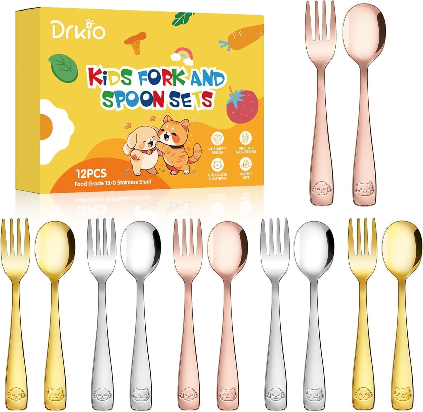 DRKIO Stainless Steel Toddler Utensils Set 12 Pieces Kids Silverware Set Children Safe Food Grade Small Forks and Spoons Dishwasher Safe Mirror Polished