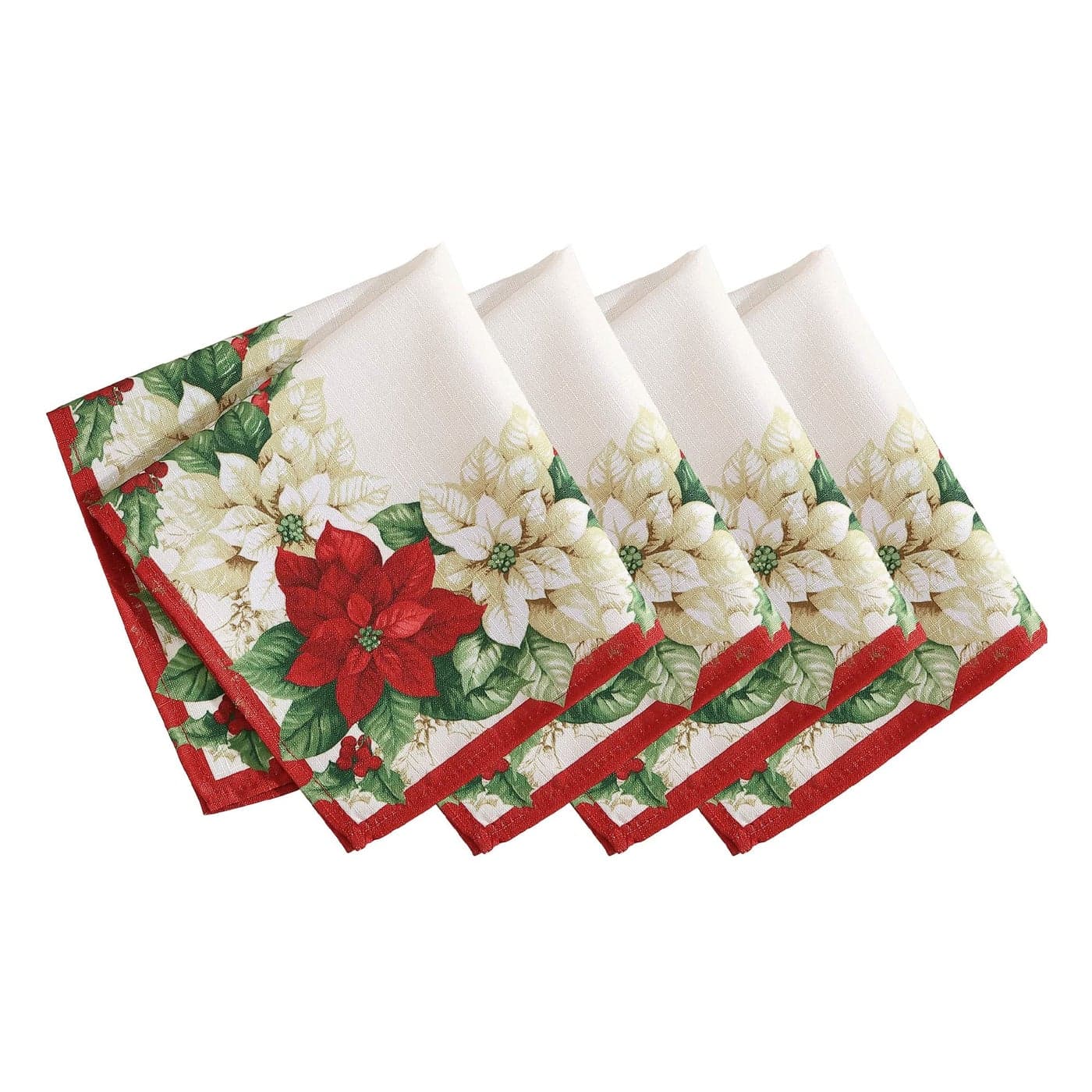 Elrene Home Fashions Red and White Poinsettia Holiday Fabric Dinner Napkins 17 Inches x 17 Inches Set of 4